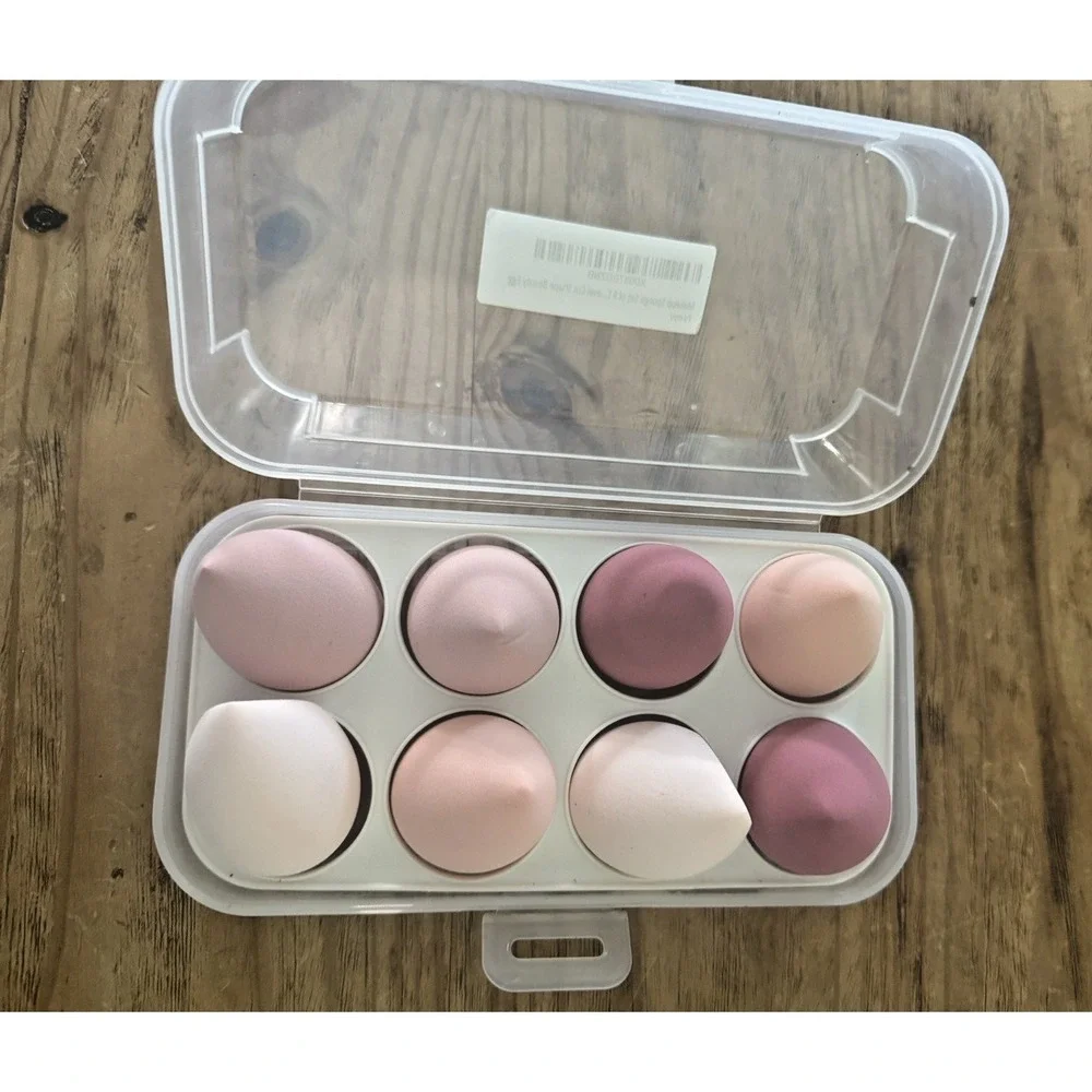 Beauty Sponge Blender Set of 8 in Clear Organizer Egg Shape NWT